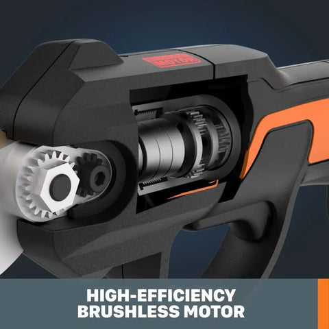 Close-up of Nitro 20V Cordless Pruning Shear And Lopper with Power Share showing brushless motor and titanium plated blade, WG330.9