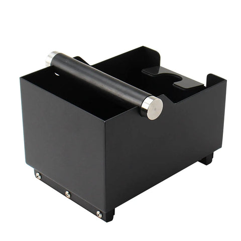 Espresso Knock Box With Tamping Station Base And Portafilter Stand, durable black finish, stainless steel handle, side view
