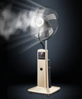 Beat The Summer Heat With This 18 Inch Industrial Grade Misting Floor Fan serving chill air blast in gold finish with mist.
