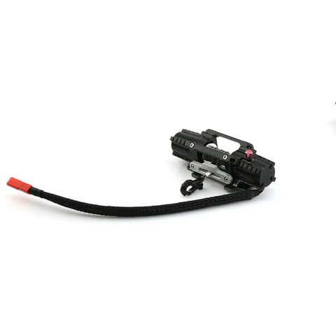 Dual Motor Electric Winch With Tough Metal Build For Axial SCX10 TRX4 D90 KM2 And Redcat RC Cars 1/8 And 1/10 Scale Recovery Parts side view with cable.
