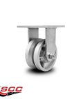 Rigid top-plate caster with 4-inch cast-iron wheel, V-groove, heavy-duty 800 lb capacity; SCC logo visible