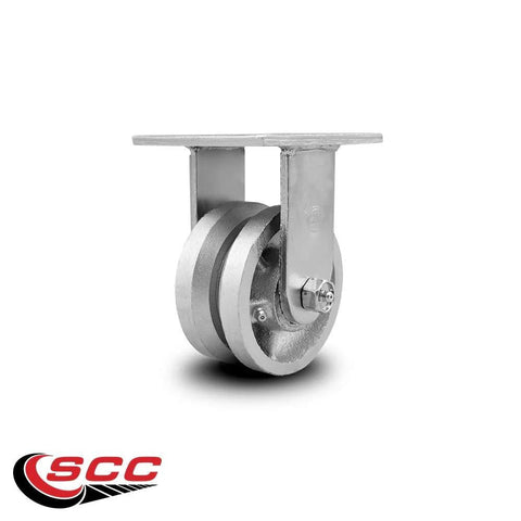 Rigid top-plate caster with 4-inch cast-iron wheel, V-groove, heavy-duty 800 lb capacity; SCC logo visible