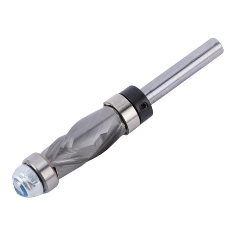 Heavy Duty Double Bearing Spiral Flush Trim Router Bit With 1/4 Inch Shank And Premium Tungsten Carbide Cutter showing a spiral design.