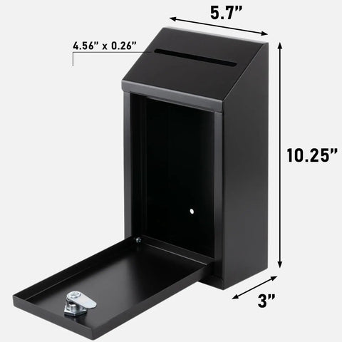 Workhorse Heavy Duty Metal Donation Box With Lock, Wall Mounted Cash Drop Box With Slot, Includes Four Keys, open black box view