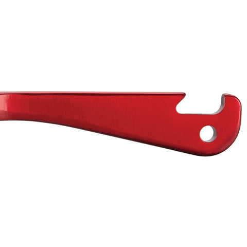 Close-up of red handle with bottle opener, part of Quarter Inch Drive Anodized Stainless Steel Ratchet With 72 Tooth Gear, Key Ring Tool.