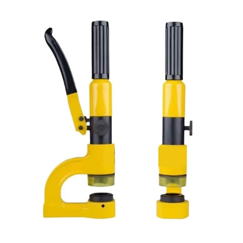 High Strength Stainless Steel Hydraulic Crimping Tool And Hole Punching Machine with yellow ergonomic handle and black accents.
