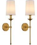 Top Shelf Vintage Antique Brass Wall Sconce Set Of 2 Hardwired Farmhouse Lights With Smooth White Glass Shades mounted on wall.