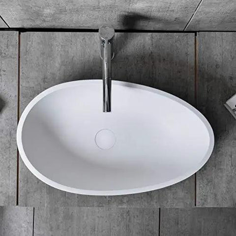 Real Deal White Oval Vessel Sink Built Tough From Dense Artificial Stone For Quick Countertop Installation With A Slick Finish. Top view.