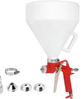 Pro Grade Air Texture Spray Gun With 1.58 Gallon Tank And Easy Swap 4 6 8 Millimeter Tips with white hopper and red trigger handle.
