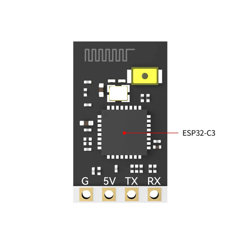 ExpressLRS FPV 2.4Ghz Receiver Nano Module With 78mm UFL T Antenna in close-up, showing PCB components and ESP32-C3 chip