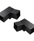 Black 4x4 Post Pergola Bracket Set with Slanted Roof Support for Backyard Patio Builds, showing 3-way and unidirectional brackets.