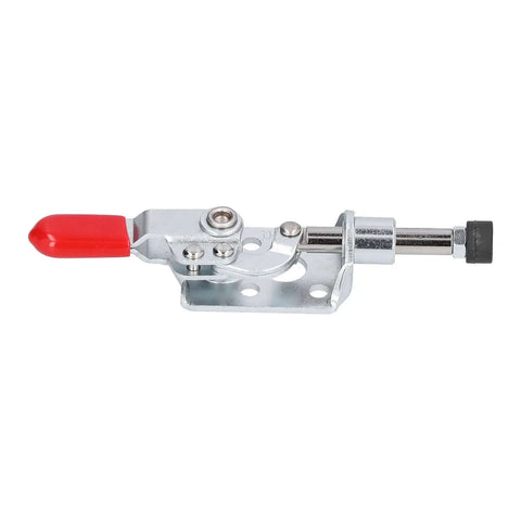 Push Pull Toggle Clamp Quick Release for Welding and Electronics with galvanized iron body and red plastic handle, side view