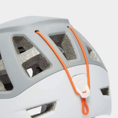 Close-up of Meteor Lightweight Helmet For Climbing And Ski Touring, ultra lightweight 240g in mold build, gray size S/M 48-58 cm.