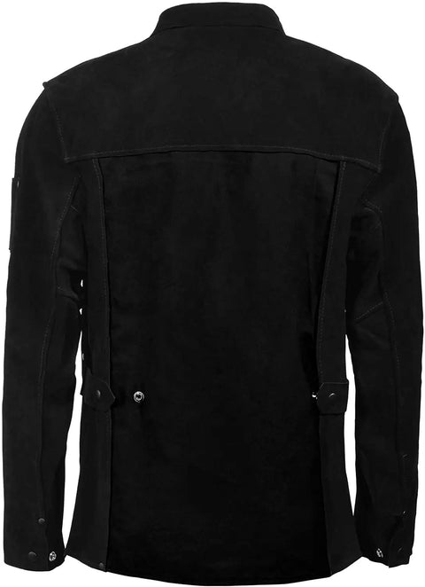 Back view of a Heavy Duty Flame Resistant Leather Welding Jacket from Thick Cowhide Split Leather for full upper body protection XXXL size.