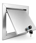Bulletproof 10x10 Stainless Steel Access Panel For Drywall And Ceiling With Hinged Door open with keys, showcasing its sleek silver design.