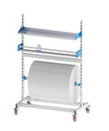 Heavy Duty Bubble Wrap Roll Dispenser With Sharp Manual Cutter And Slick Rolling Rig For No Sweat Packaging Easy Glide Locking Caster Wheels Mobile Shipping Station For Moving with a white roll.