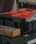 Open Six Tray Tool Box Organizer With Transparent Cover And Stackable Design, Detachable, Side Card Locks displaying red trays