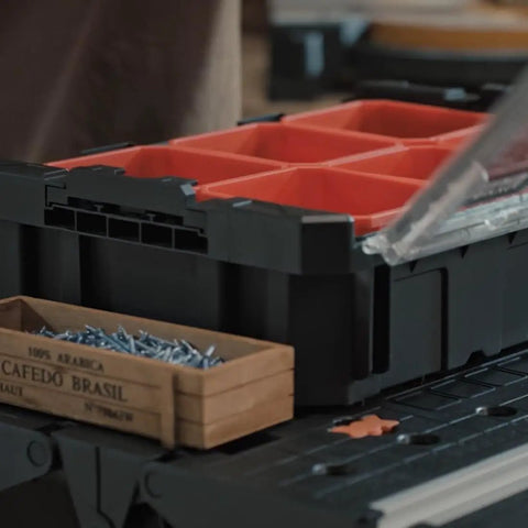 Open Six Tray Tool Box Organizer With Transparent Cover And Stackable Design, Detachable, Side Card Locks displaying red trays