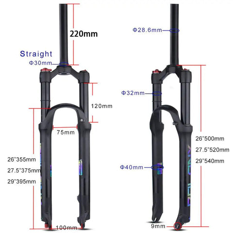 Air Front Mountain Bike Fork With 100mm Travel Rebound Adjustment Manual And Remote Lockout 26 27.5 And 29 Inches Straight Steerer One And One Eighth Inch 9mm QR For Mountain And Road Bikes