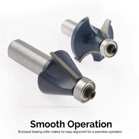 Two quarter shank carbide router bits with enclosed bearings for consistent cuts, part of the Making Custom Woodwork A Breeze With This Badass Eighty Piece One Quarter Shank Tongue And Groove Router Bit Set Featuring Razor Sharp Carbide Edges And Sturdy Storage Chest For Real Builders.