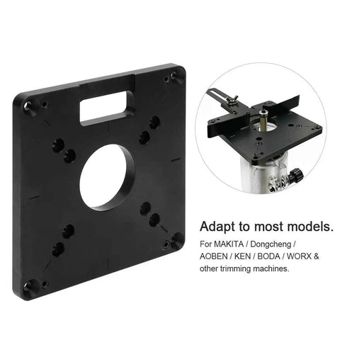 Six Piece Aluminum Alloy Milling Flip Board Inset Plate Kit for Router Tables and Trimming Machines, shown with tool.