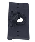 Black plastic hinge jig with 35mm drilling guide on a rectangular base for woodworking and bench drills