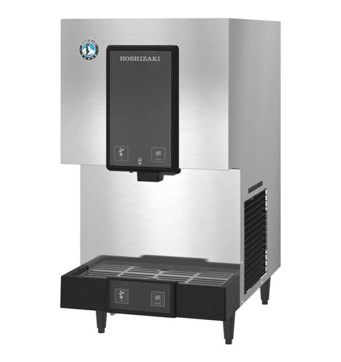 Heavy Duty Cubelet Nugget Ice Machine With Built In Water Dispenser And Roomy Storage Bin, stainless steel construction, countertop design.