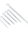 Heavy Duty Split Pin Assortment Kit With 556 Rust Resistant Cotter Pins In Various Sizes arranged in a row, showcasing six galvanized pins.