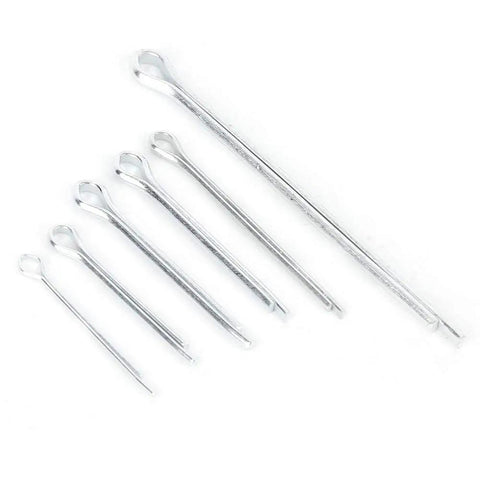 Heavy Duty Split Pin Assortment Kit With 556 Rust Resistant Cotter Pins In Various Sizes arranged in a row, showcasing six galvanized pins.