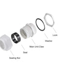 Exploded view of PG42 Cable Gland 32mm To 38mm Wire Hole Waterproof Nylon Joint With Adjustable Locknut And Washer White Pack Of 6 Tough As Nails Built To Last Durable Anti Loosening Design For Enclosures And Electrical Panels showing sealing nut, seal, main unit claw, washer, lock nut.