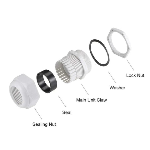 Exploded view of PG42 Cable Gland 32mm To 38mm Wire Hole Waterproof Nylon Joint With Adjustable Locknut And Washer White Pack Of 6 Tough As Nails Built To Last Durable Anti Loosening Design For Enclosures And Electrical Panels showing sealing nut, seal, main unit claw, washer, lock nut.