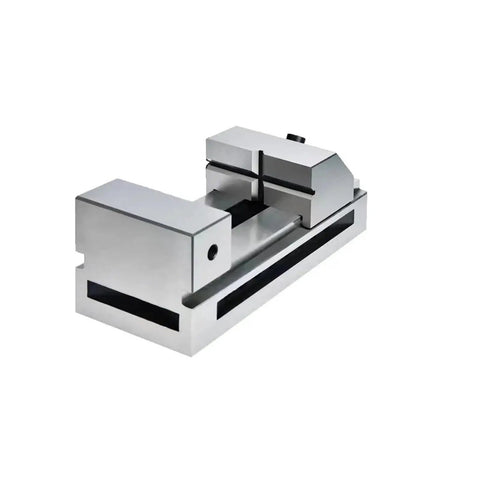 Heavy Duty Cnc Machine Vise With V Jaw Design And Quick Swap Faces For Rock Solid Grip On Round Or Square Stock Side view of durable vise.