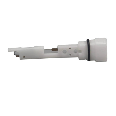 Side view of direct replacement coolant reservoir tank level sensor for Ram diesel trucks 2013 through 2018, white plastic build.