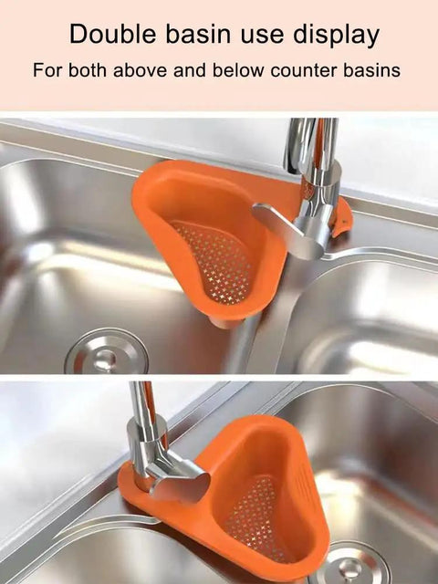 Double basin display with triangular sink drain basket, Four Pack Kitchen Sink Drain Basket Set, hangs on faucet, bright orange design