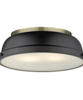 Duncan 14 Inch Two Light Flush Mount Ceiling Light Damp Rated Vintage Inspired Fixture with brass body and black shade.