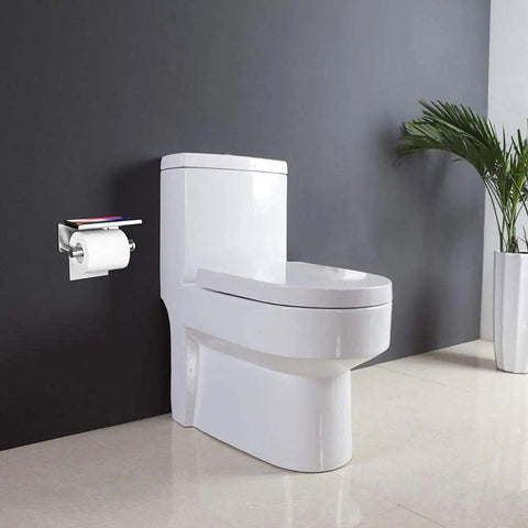 No Slip Anti Drop Toilet Paper Holder With Extra Large Phone Shelf for bathroom wall mount next to white toilet in modern bathroom