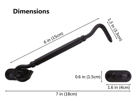 6 Inch Barn Door Lock And Sliding Gate Latch Set In Stainless Steel with dimensions, black rust-resistant finish, heavy duty.