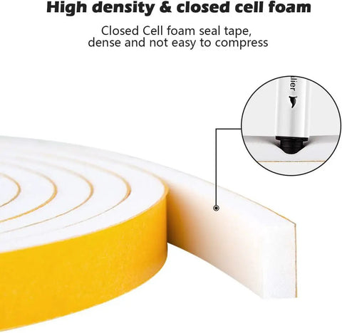 Close-up of White Weather Seal Tape, Badass High Density Foam, showing thick foam and adhesive side, ideal for sealing gaps.