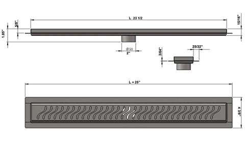 Twenty Three Half Inch Linear Shower Drain With Heavy Gauge Stainless Steel Frame And Ocean Wave Pattern dimensions and design layout