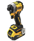 Compact 20V Max Brushless Cordless Impact Driver Kit With Battery And Charger Delivers Heavy Duty Muscle And Knockout Speed For The Daily Grind Featuring Smooth Variable Trigger And Blazing Bright Worksite Lighting, showing side view of tool.