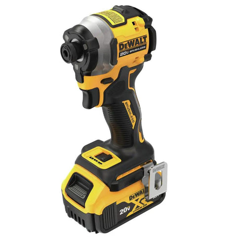 Compact 20V Max Brushless Cordless Impact Driver Kit With Battery And Charger Delivers Heavy Duty Muscle And Knockout Speed For The Daily Grind Featuring Smooth Variable Trigger And Blazing Bright Worksite Lighting, showing side view of tool.