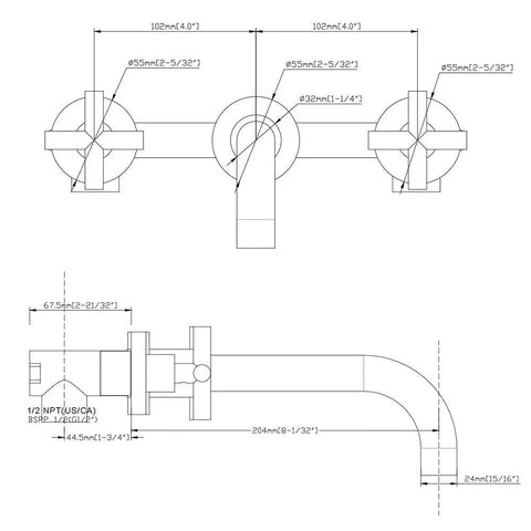 Technical diagram of Two Handle Wall Mount Bathroom Faucet With Stream And Spray 8 Inch Center 360 Degree Rotating Spout Matte Black Brass Finish