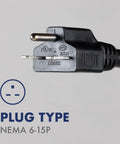 NEMA 6-15P plug close-up for Indoor Outdoor Triple Duct Mobile Spot Cooler 22,184 BTU Industrial Grade Portable Unit.