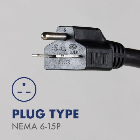 NEMA 6-15P plug close-up for Indoor Outdoor Triple Duct Mobile Spot Cooler 22,184 BTU Industrial Grade Portable Unit.