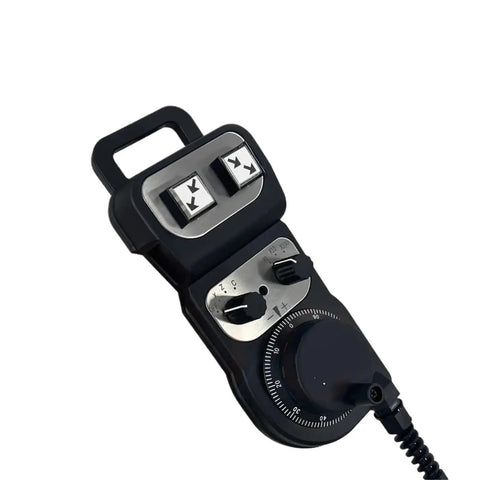 Heavy Duty Handwheel For Machine Controller Featuring Smooth Manual Pulse Generator With Dual Function Buttons Perfect For Precise HT Series Tooling Setup On CNC Lathes And Mills Without Any Brand Name Listed, black wired unit