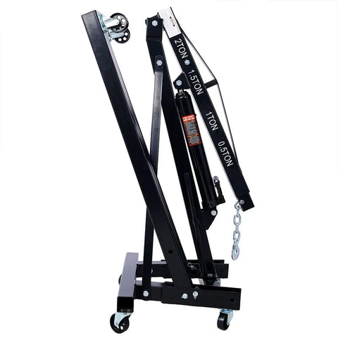Heavy Duty 2 Ton Hydraulic Engine Hoist Folding Cherry Picker side view with swivel casters and adjustable boom positions.