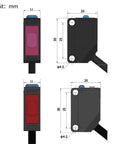 Dimensions of Through Beam Photoelectric Sensor with 5M Sensing Range, NPN or PNP 10-30V DC, shown in front and side views