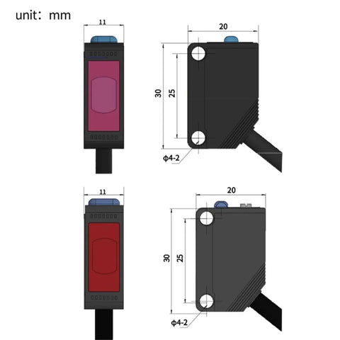 Dimensions of Through Beam Photoelectric Sensor with 5M Sensing Range, NPN or PNP 10-30V DC, shown in front and side views