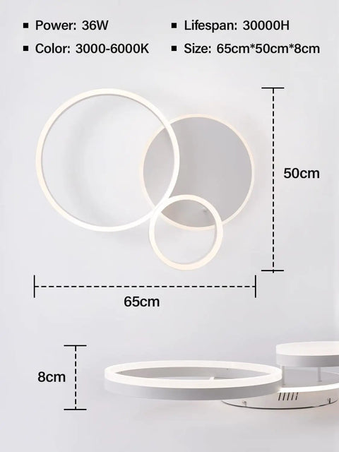 Dimmable 3 Ring Ceiling Light With Remote Control, Adjustable 3000K-6000K Color Temperature, 54W 5400lm LED Fixture dimensions