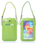 Green mobile pouch with strap, front view showing phone screen, back view with card pocket, leather texture